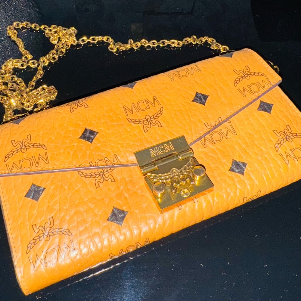 MCM Orange Clutch with Gold Accents